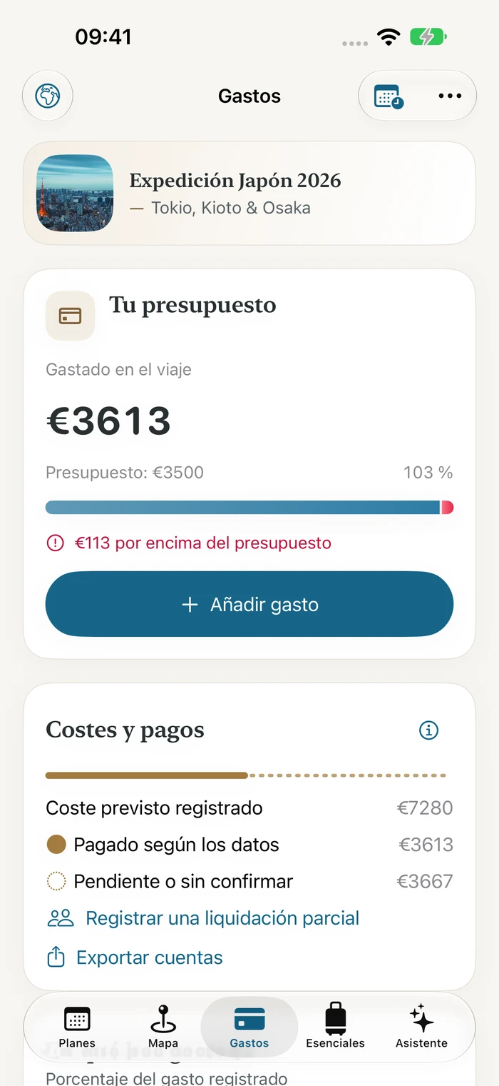 Gastos de Traivu en un viaje ficticio a Japón, con presupuesto, costes previstos, pagados y pendientes