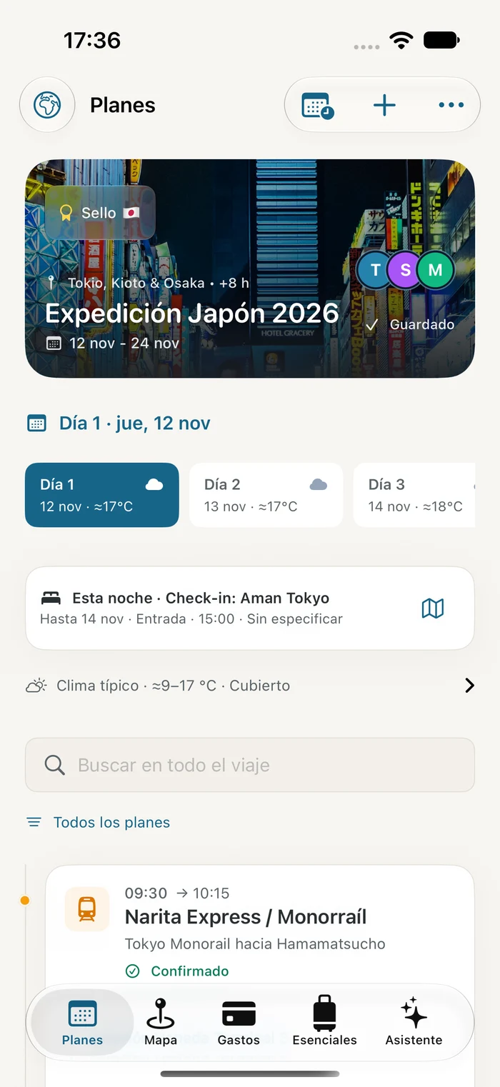 Captura real de Traivu en iPhone con el itinerario de un viaje de ejemplo a Japón