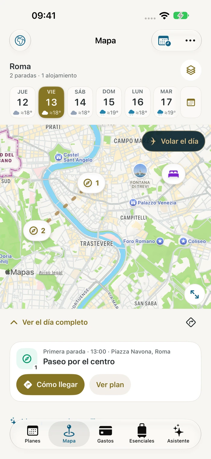 Mapa de Traivu en un viaje ficticio a Roma, con la ruta dorada entre paradas y el botón Volar el día