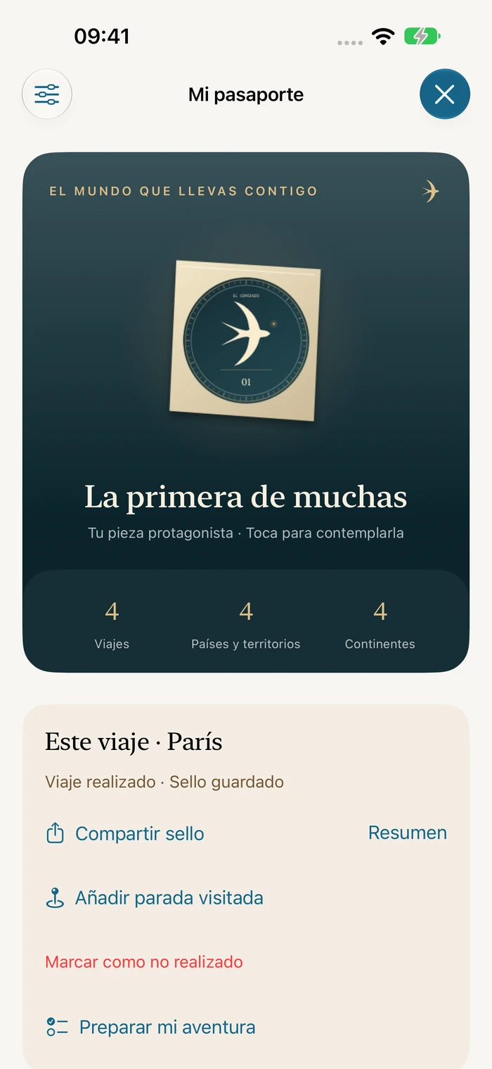 Pasaporte de Traivu con la pieza protagonista La primera de muchas y estadísticas de viajes ficticios